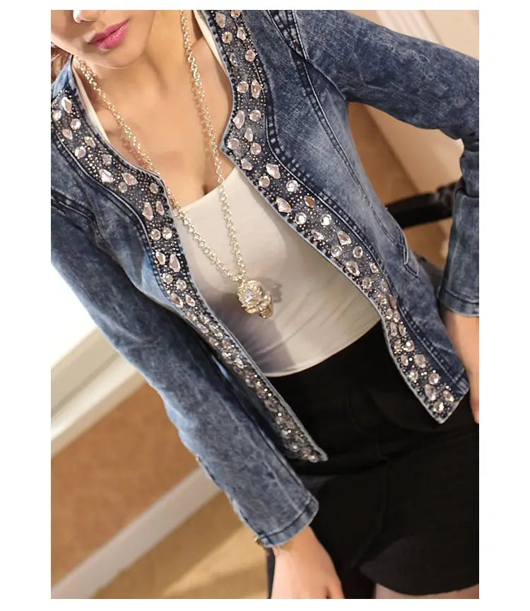 Lovemi - Veste en jean vintage à paillettes et strass