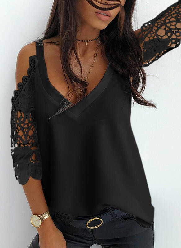 Lovemi - Patchwork Lace Ripped Off-Shoulder Chiffon Top