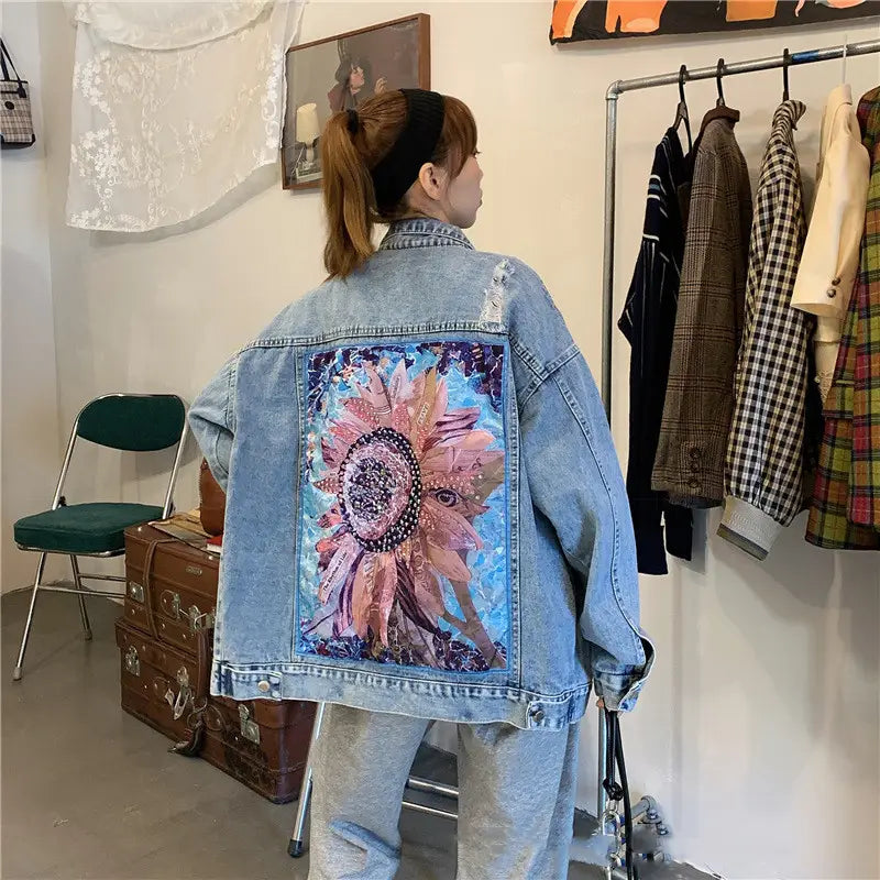 Lovemi - Retro Ripped Daisy Motorcycle Denim Jacket