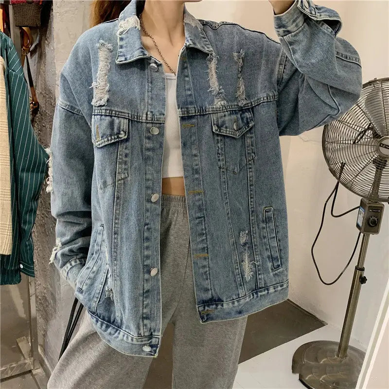 Lovemi - Retro Ripped Daisy Motorcycle Denim Jacket