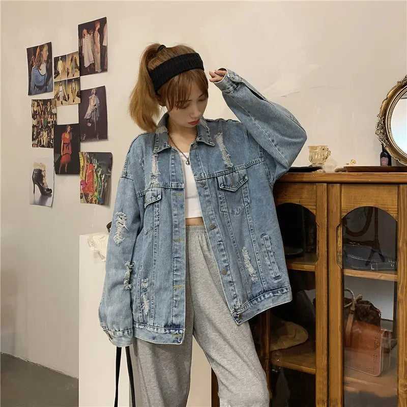 Lovemi - Retro Ripped Daisy Motorcycle Denim Jacket