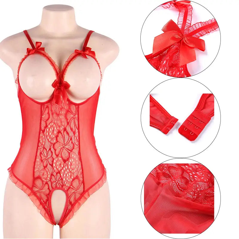 Lovemi - Lingerie en dentelle transparente, Teddy, Bonnet ouvert, Noeud