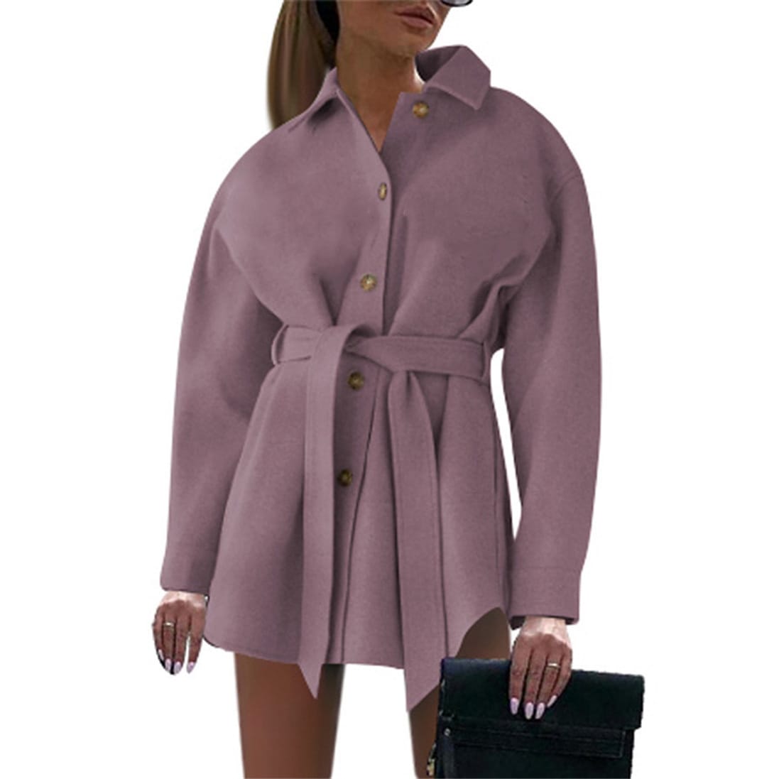 Lovemi - V-neck Button Lace Ladies Woolen Coat