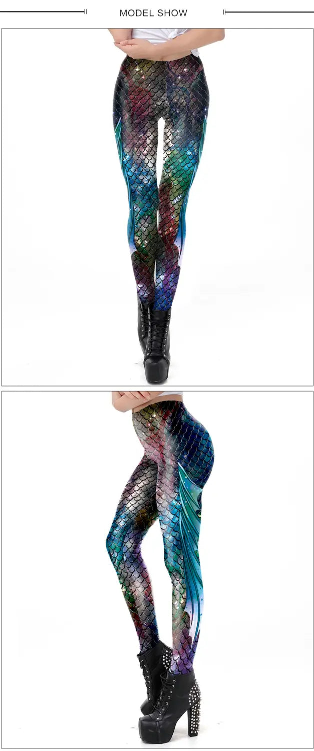 Lovemi - Leggings de sport pour femmes à imprimé écailles de poisson sirène 3D