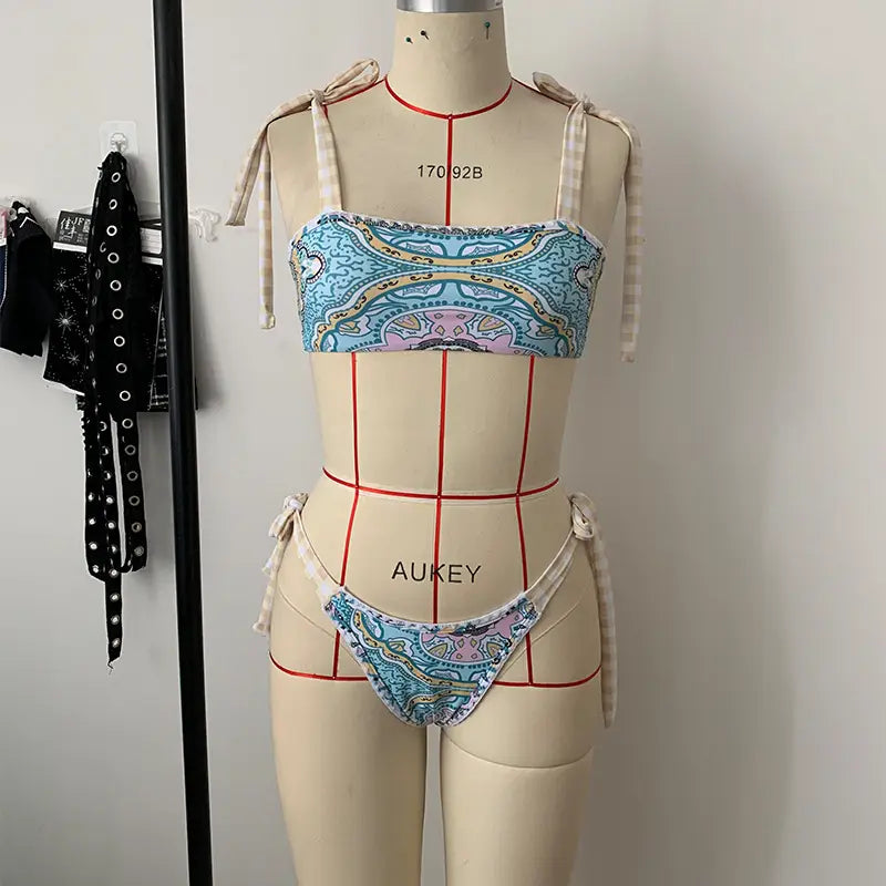 Lovemi - Ladies Sexy Split Crochet Bikini Bow Print