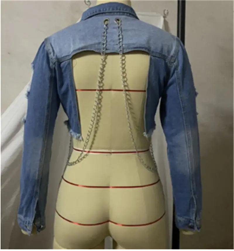 Lovemi – Kurze, ausgefranste Jeansjacke, Damenkette, modisch