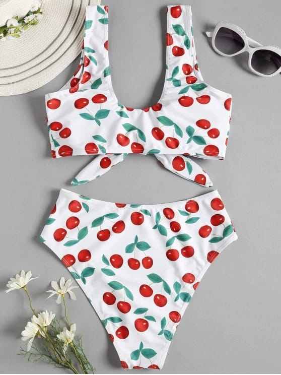 Lovemi – Bikini-Badeanzug mit geteiltem Bikini, Badeanzug mit Kirschmuster und Spitze