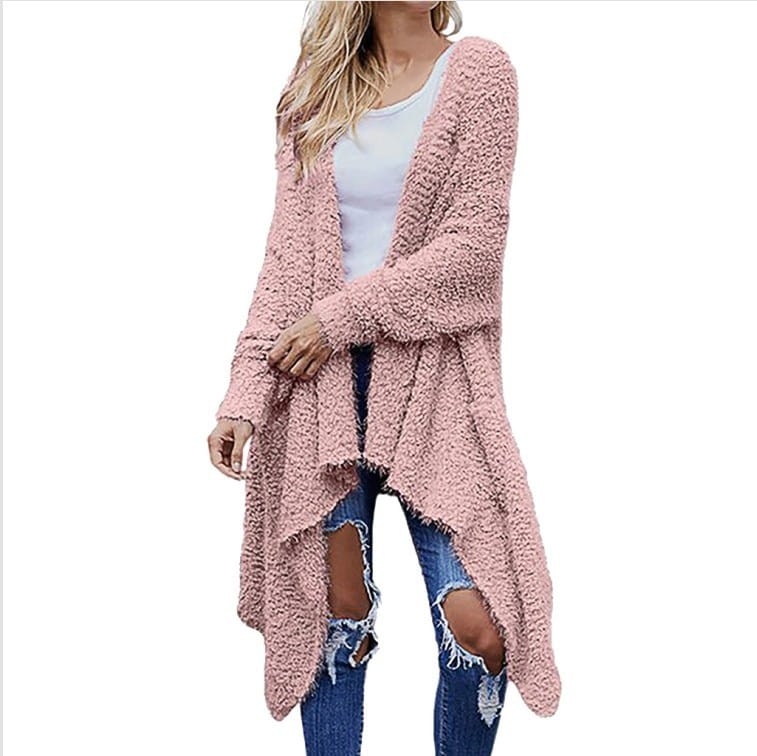 Lovemi - New Mid Length Cardigan Thick Plush Women’s Solid