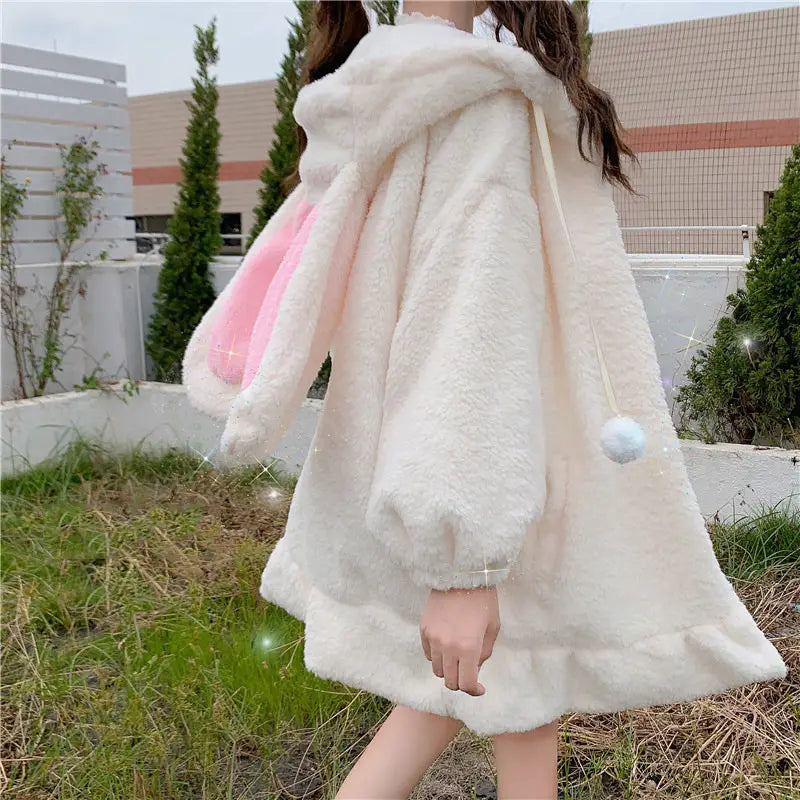 Lovemi - Cute Ears Hooded Padded Lamb Wool Coat