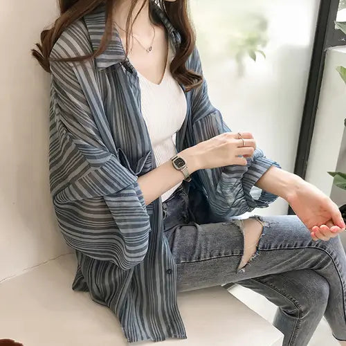 Lovemi - Student Mid-Length Loose Shawl Chiffon Shirt Jacket