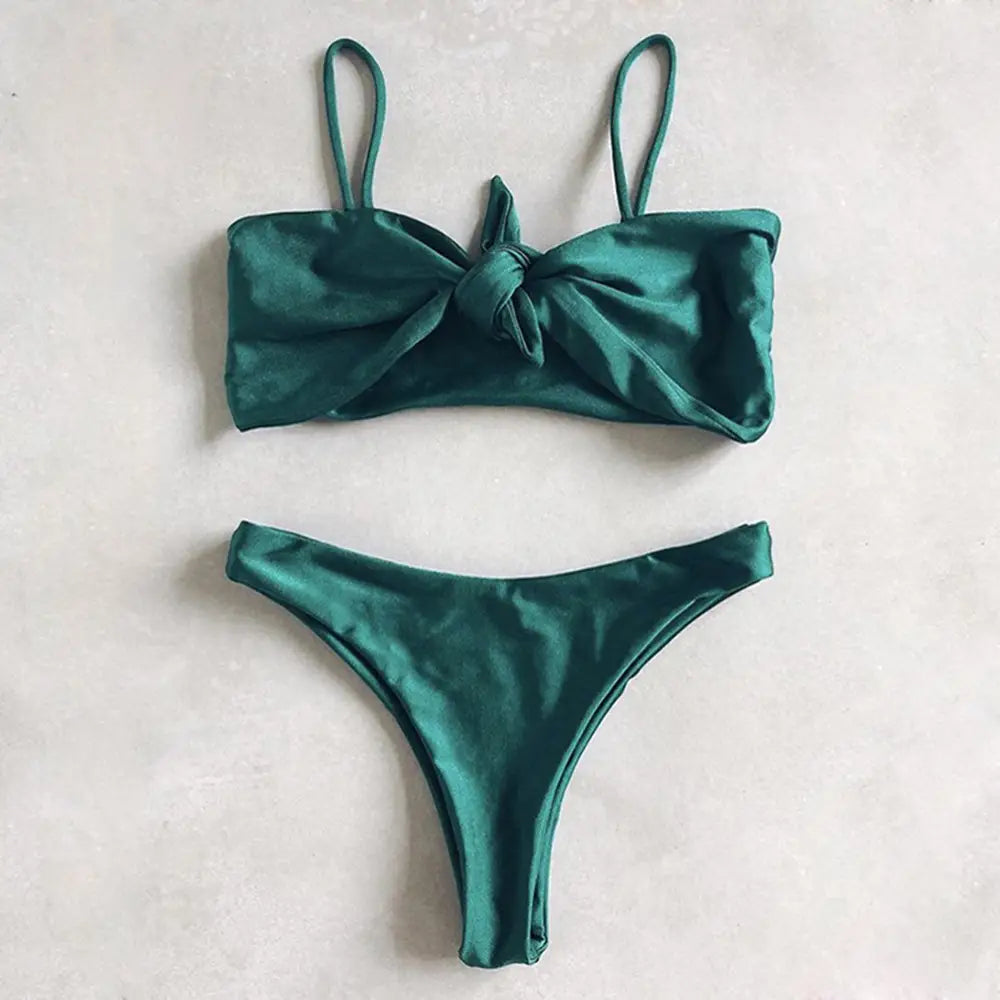 Lovemi - Maillot de bain bikini fendu à bretelles et nœud de couleur pure