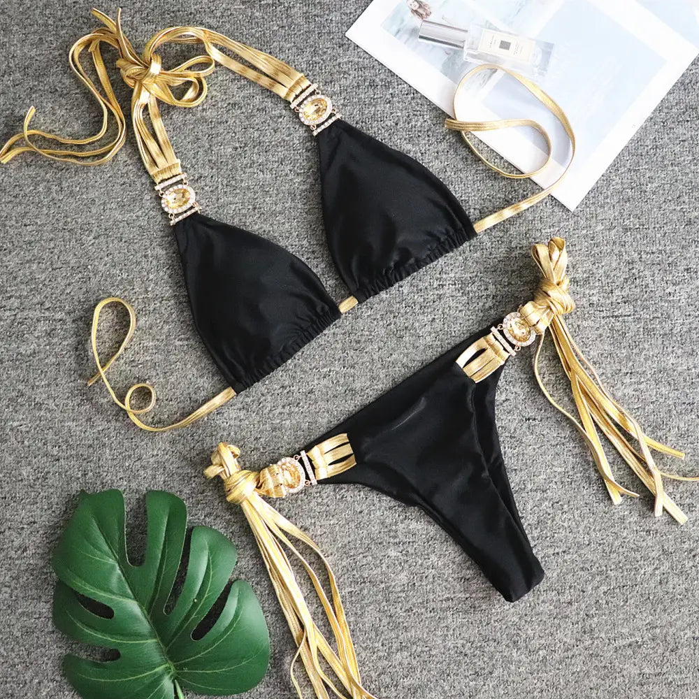 Lovemi - New Golden Tassel Sexy Backless Bikini Crystal