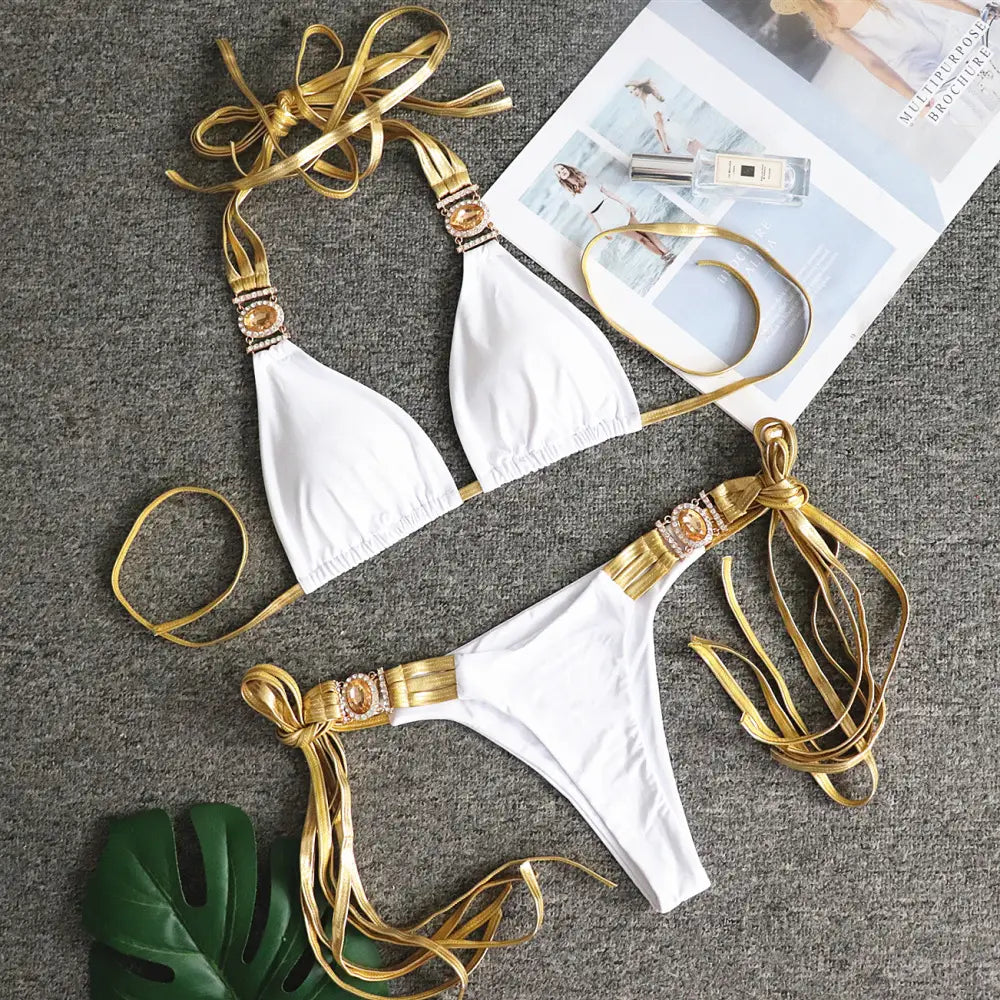 Lovemi – Neuer sexy rückenfreier Bikini mit goldener Quaste und Kristall