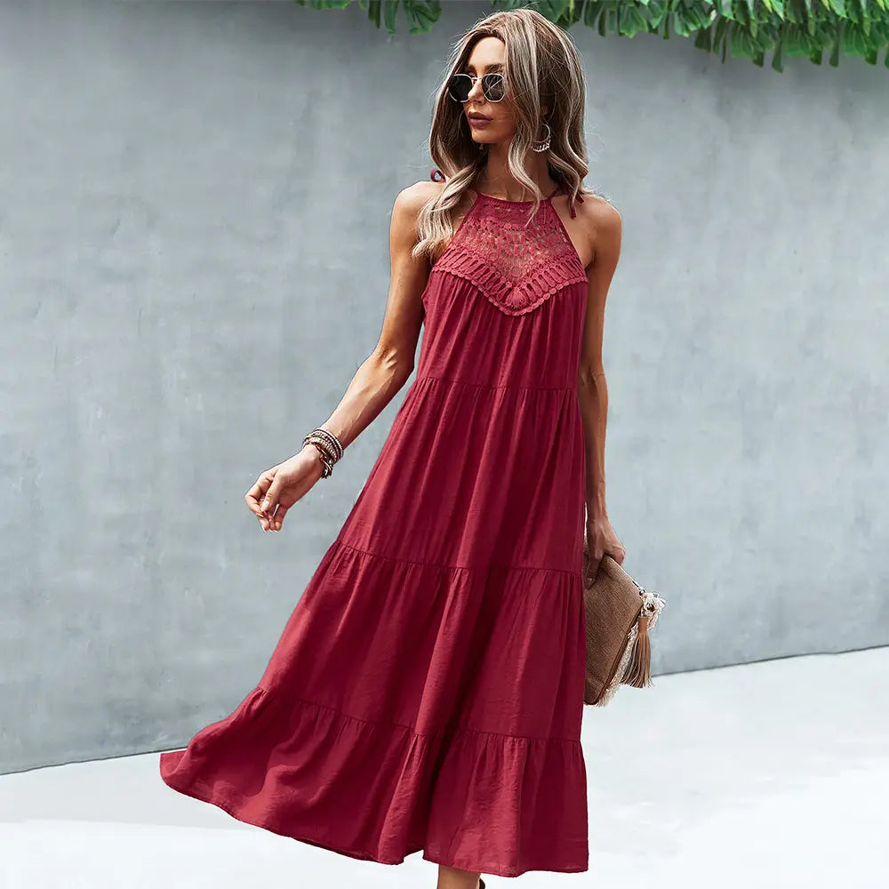 Lovemi - Sling Collar Solid Color Stitching Large Hem Midi