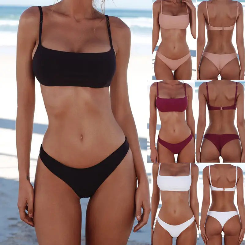 Lovemi - Split solid color bikini tight swimsuit backless