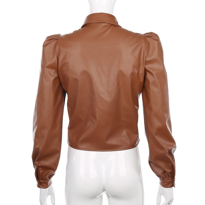 Lovemi - Long Puff Sleeve Turn Down Collar Women Leather