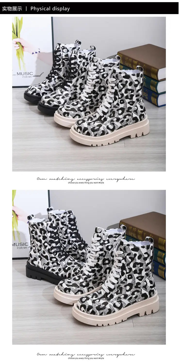 Bottes Martin pour femmes, chaussures à talons bas, imprimé léopard noir et blanc