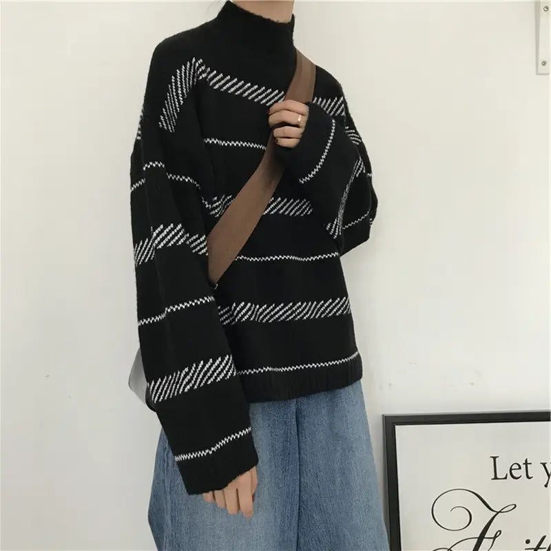 Lovemi - Retro sweater turtleneck striped sweater