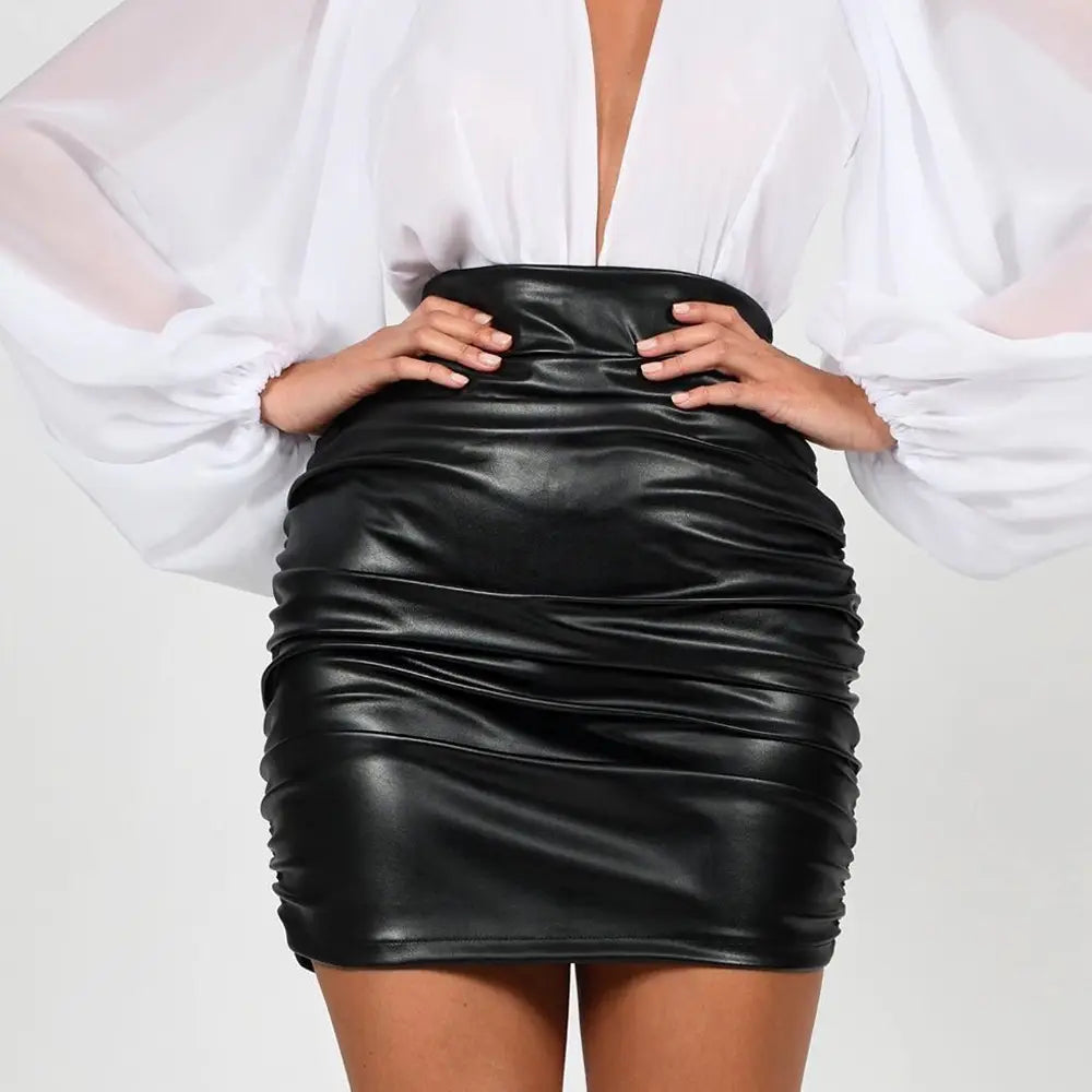 Women’s Shiny Patent Leather Pleated Hot Girl Hip Skirt