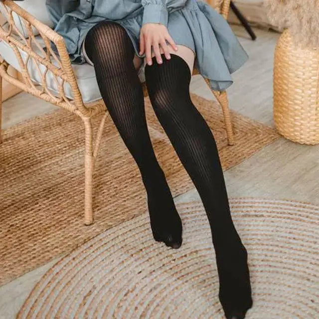 Sexy Damen-Strumpfhose über dem Knie, doppelt gestreift, transparent, Schwarz