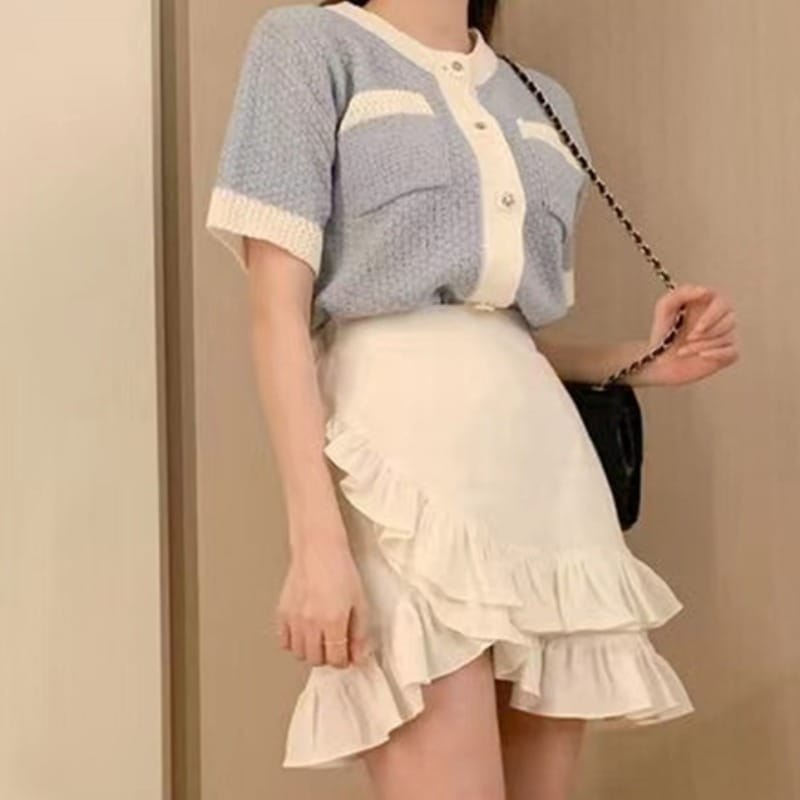 Lovemi - Two-piece Color-block Short-sleeved Sweater