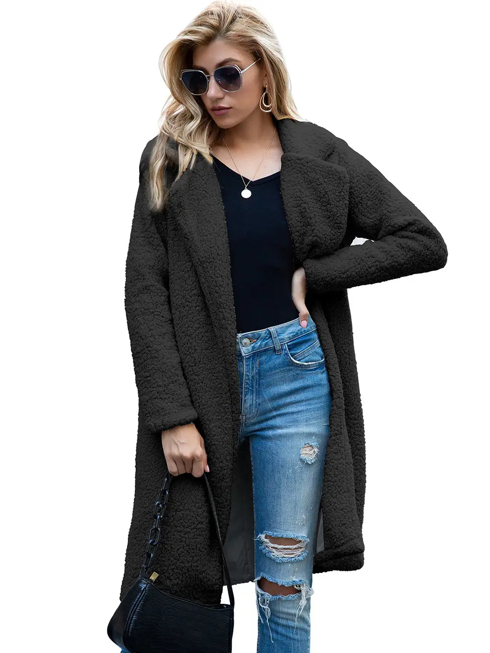 Lovemi - Veste Sherpa Cardigan Pull à Revers Mi-Longueur