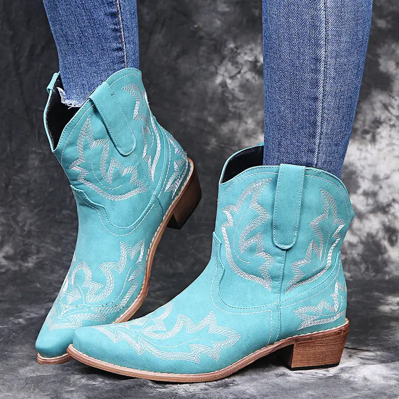 Cowboy Boots Women Embroidery Wedge Heel Shoes Western