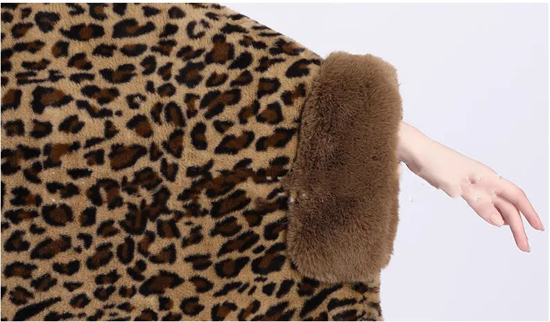 Lovemi - Leopard Print Big Hair Leader Mouth Cardigan Cape