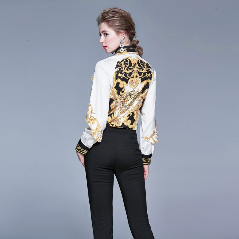 Lovemi - New Retro Palace Print Ruffled Slim-fit Fashion