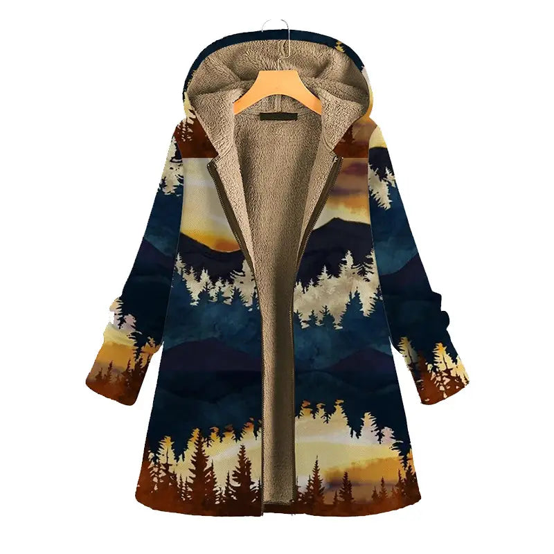 Lovemi - Landscape print long sleeve hooded zipper coat