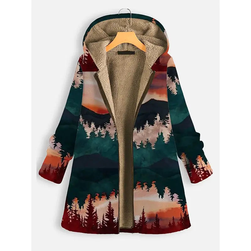 Lovemi – Langärmliger Mantel mit Kapuze und Reißverschluss im Landschaftsdruck