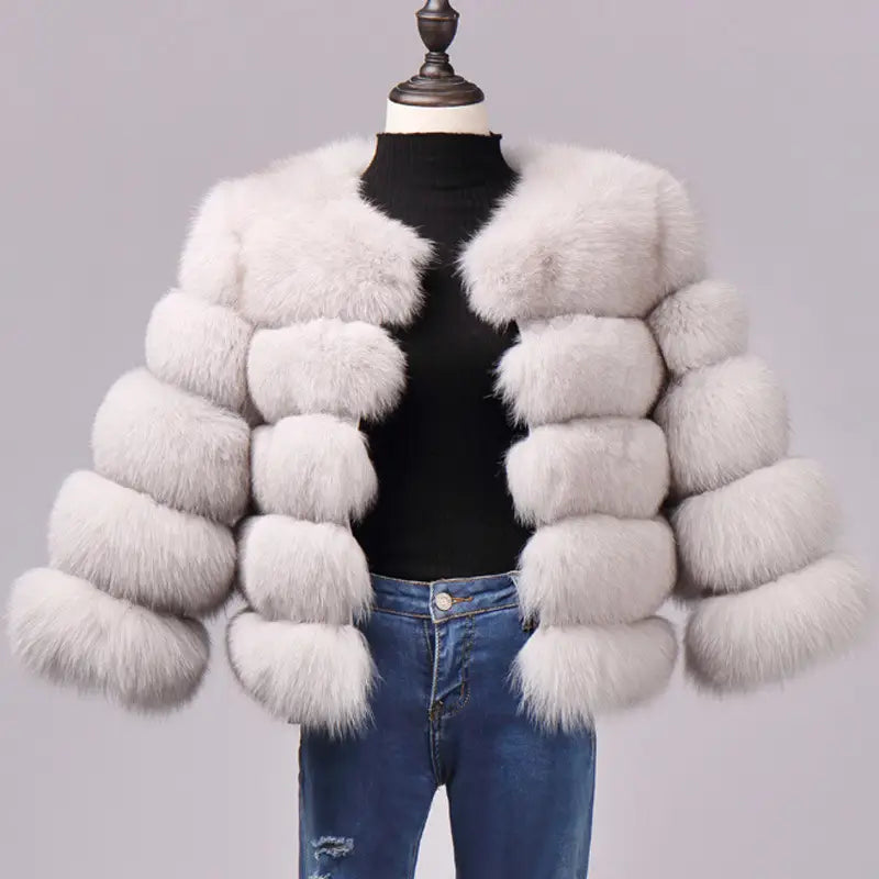 Lovemi - Slim short faux fox fur coat