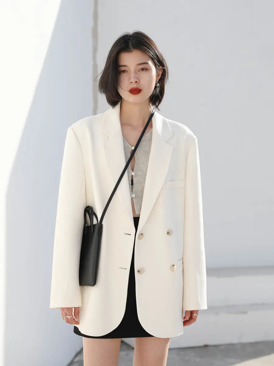 Lovemi - Loose Double-breasted White Suit Jacket Women