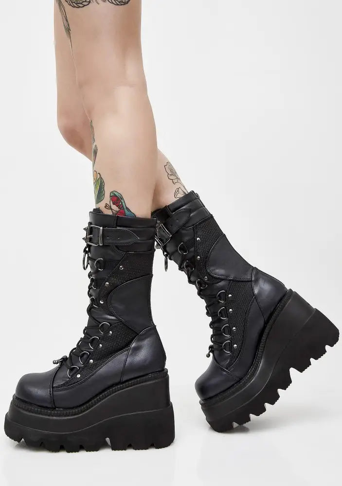 Lace-Up Combat Boot Motorcycle Black Bucke Chunky Boots For