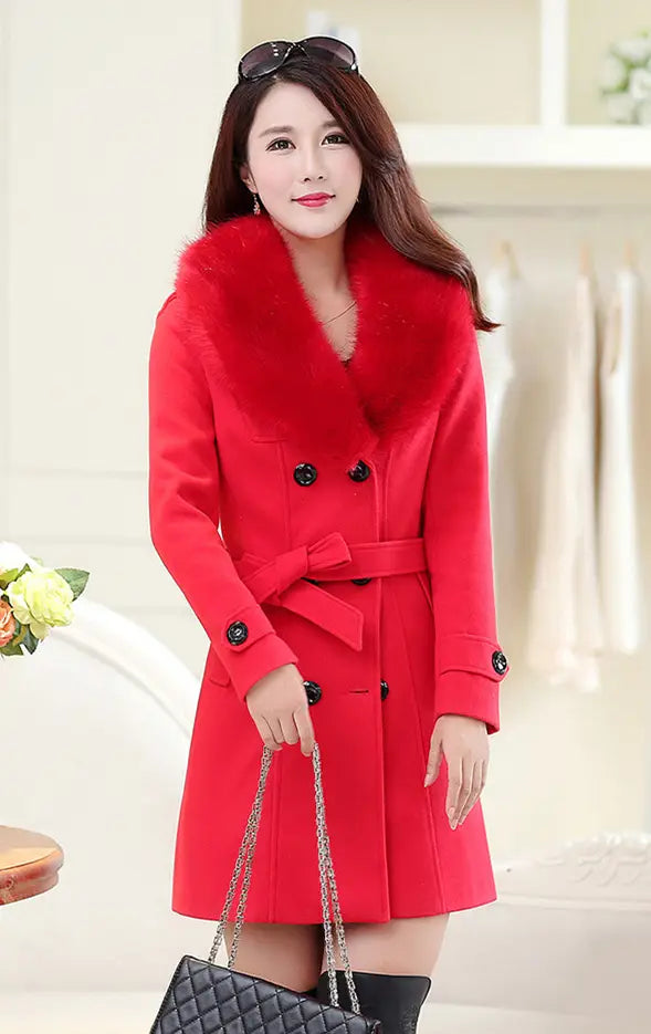 Lovemi - Large fur collar woolen coat