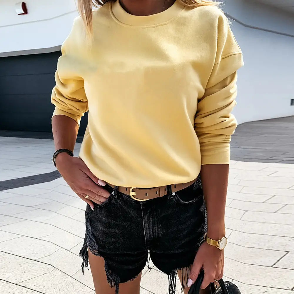 Lovemi – Pullover in reiner Farbe, schlichter Langarm-Rundhalsausschnitt
