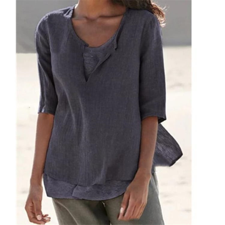Lovemi - All-match Women’s Mid-sleeve V-neck Solid Color