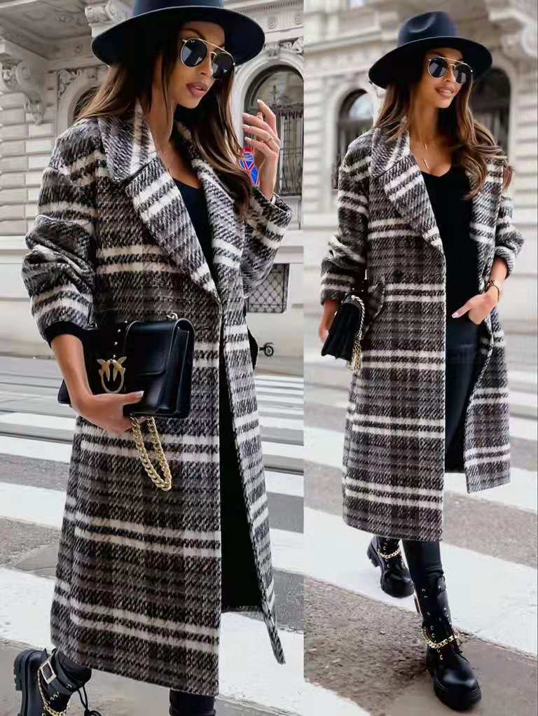 Lovemi - Lapel Thick Loose Plaid Woolen Coat Jacket