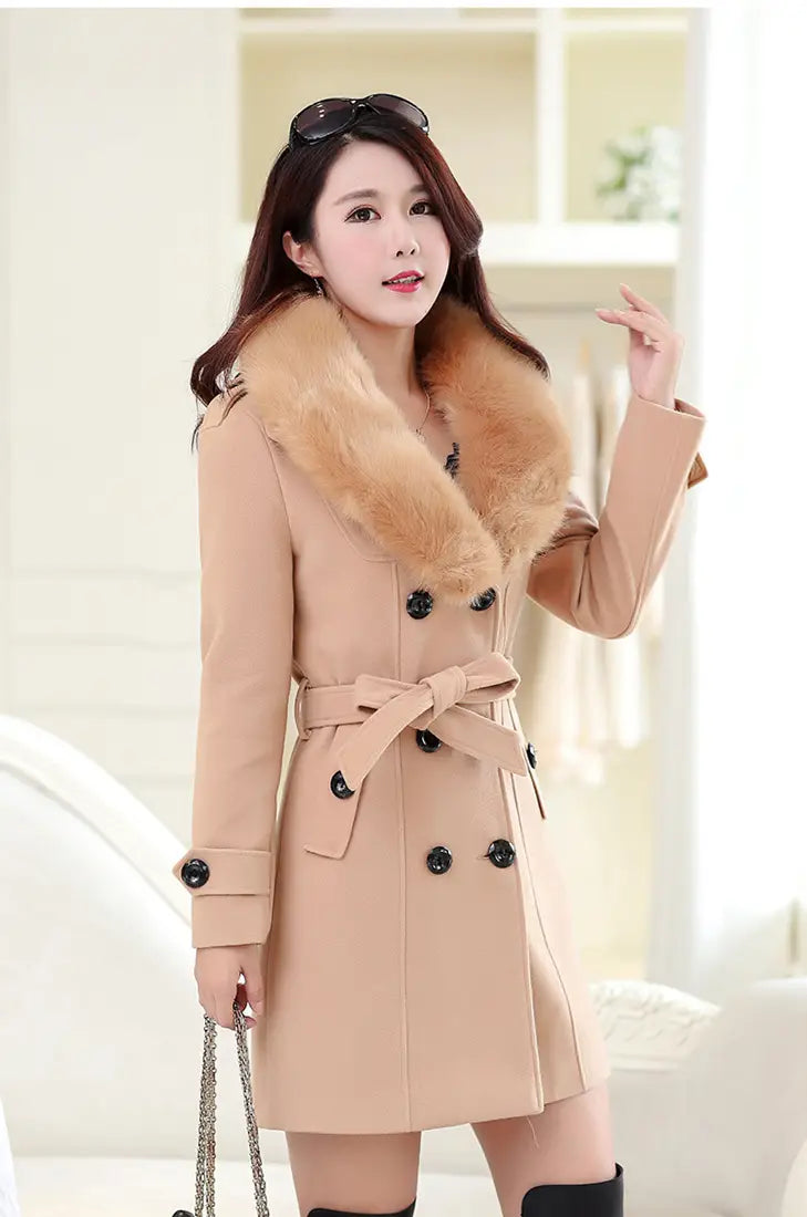 Lovemi - Large fur collar woolen coat