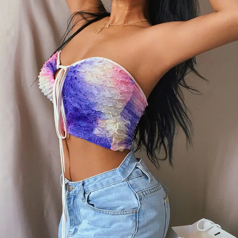 Lovemi - Tie-dye Halterneck Tie V-neck Sexy Halter Vest