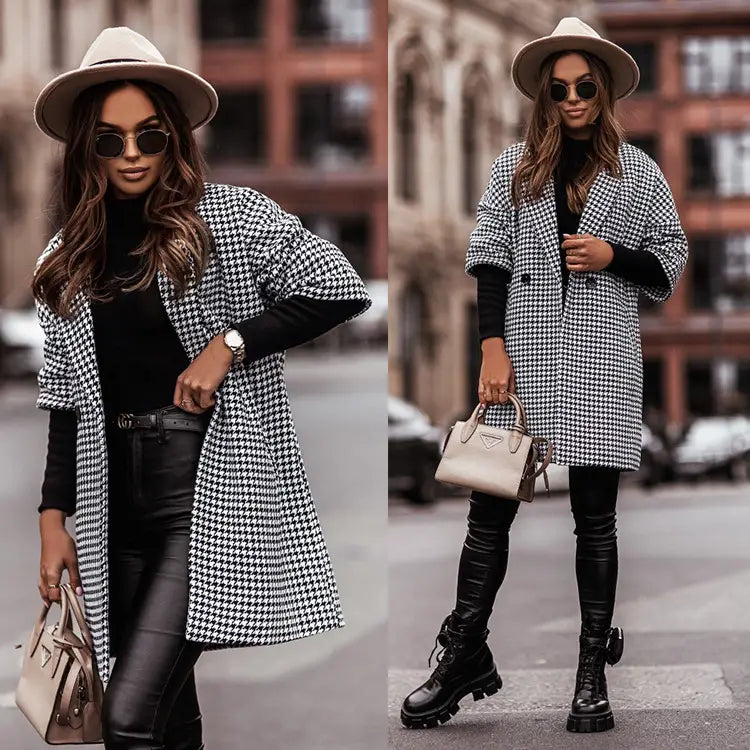 Lovemi - Houndstooth Three-Quarter Sleeve Woolen Coat