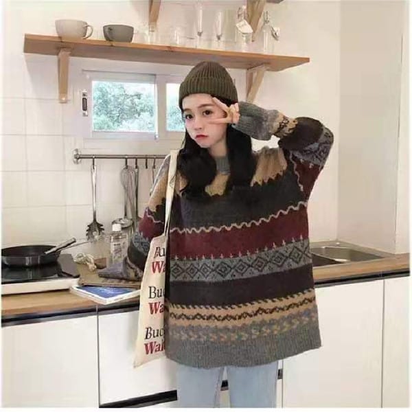 Lovemi - Rhomboid Round Neck Sweater Women’s Pullover