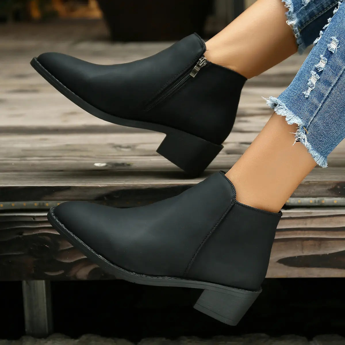 Ankle Boots Women Chunky Mid Heel Shoes Waterproof Side