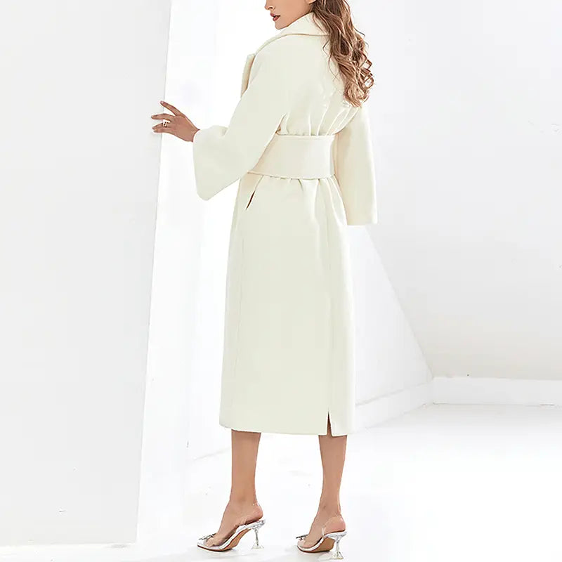 Lovemi - Lapel Waist White Mid-length Woolen Coat