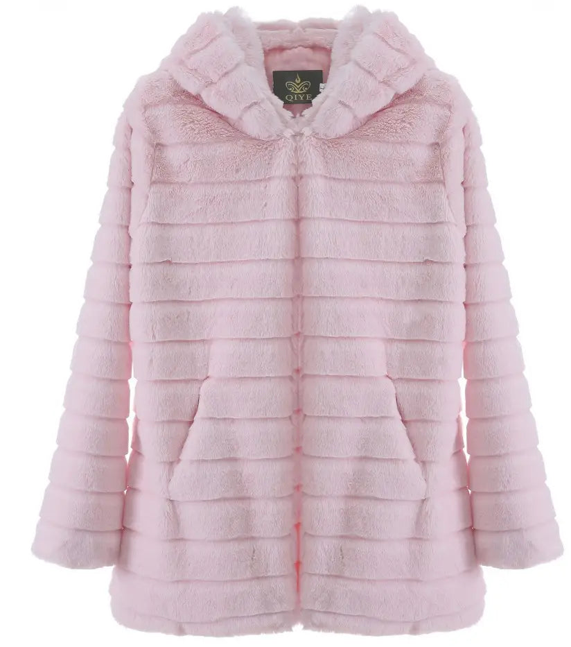 Lovemi - Plush padded hooded lady mink short fur coat