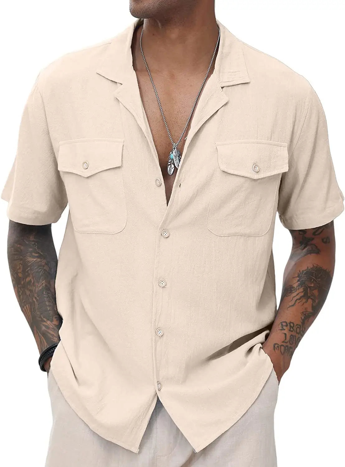 Lovemi - Men’s Casual Loose Solid Color Pocket Shirt