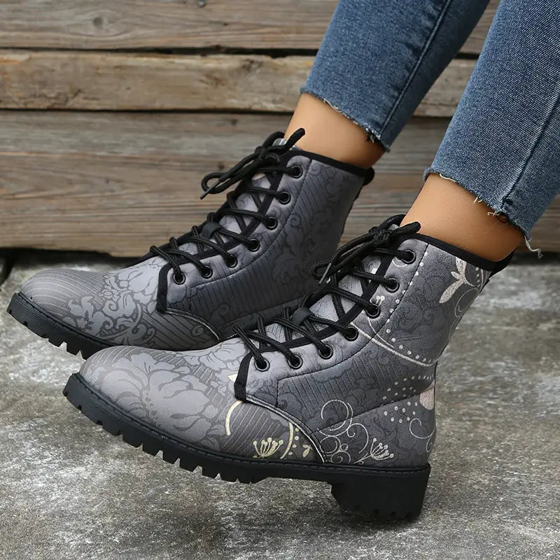 White Flower Print Cowboy Boots Women Round Toe Lace-up