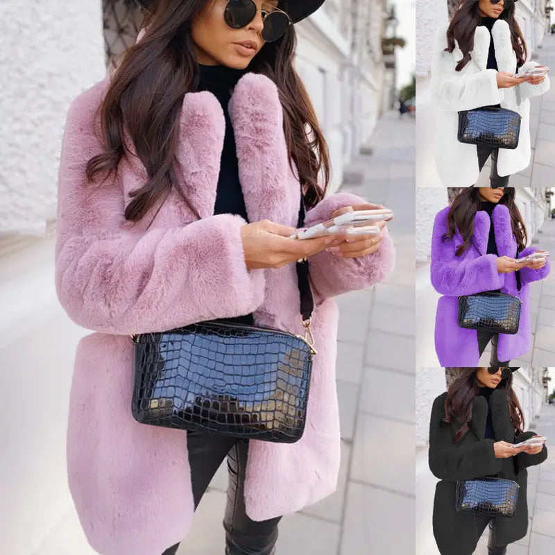 Lovemi - Pure Color Warm Slim Coat Women Fur