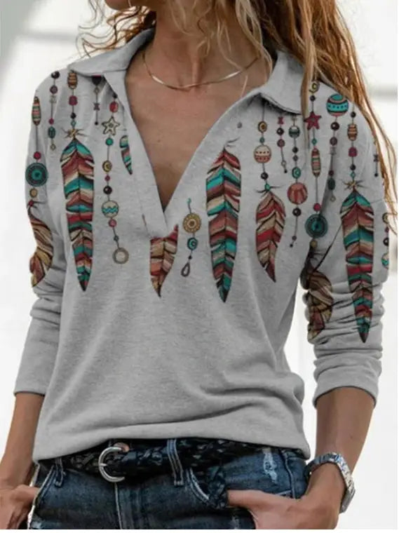 Lovemi - Retro long-sleeved printed V-neck shirt sweater