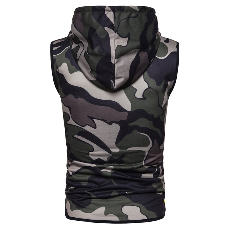 Lovemi - Zipper Hooded Sleeveless Camouflage Printed Fitness
